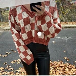 Blue Blush Burnt Orange Checkered Cropped Knit Sweater